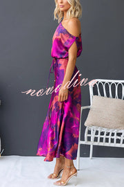 Winona Satin Floral Print One Shoulder Balloon Sleeve Tie-up Maxi Dress