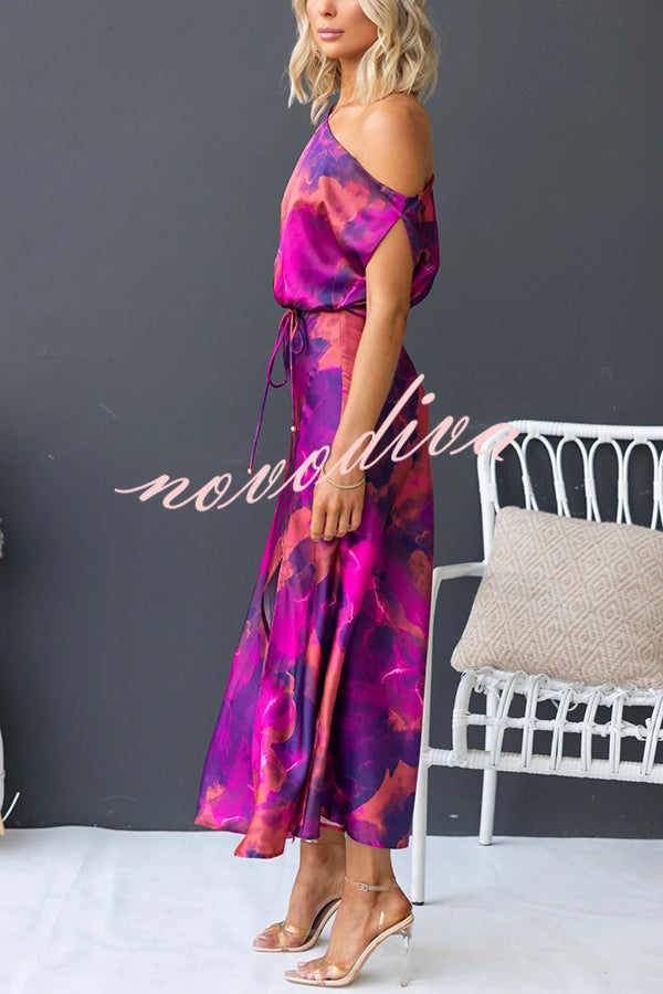 Winona Satin Floral Print One Shoulder Balloon Sleeve Tie-up Maxi Dress