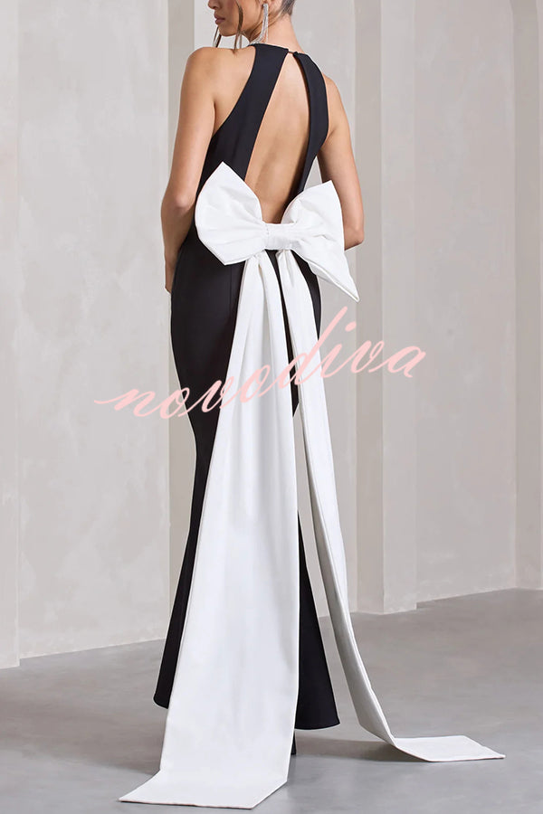 Statement Chic Racer Neck Back Oversized Bow Hem Backless Maxi Dress