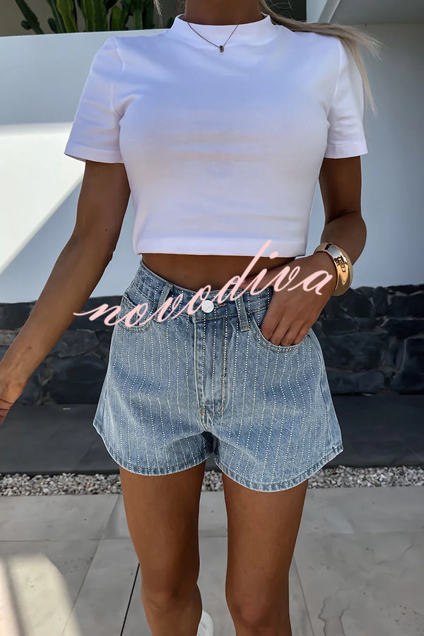 Fashion Rhinestone Loose Pocket Denim Shorts