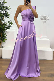 Nasha Satin Pleated One Shoulder Petal Gemstone Detail Pocket Slit Maxi Dress