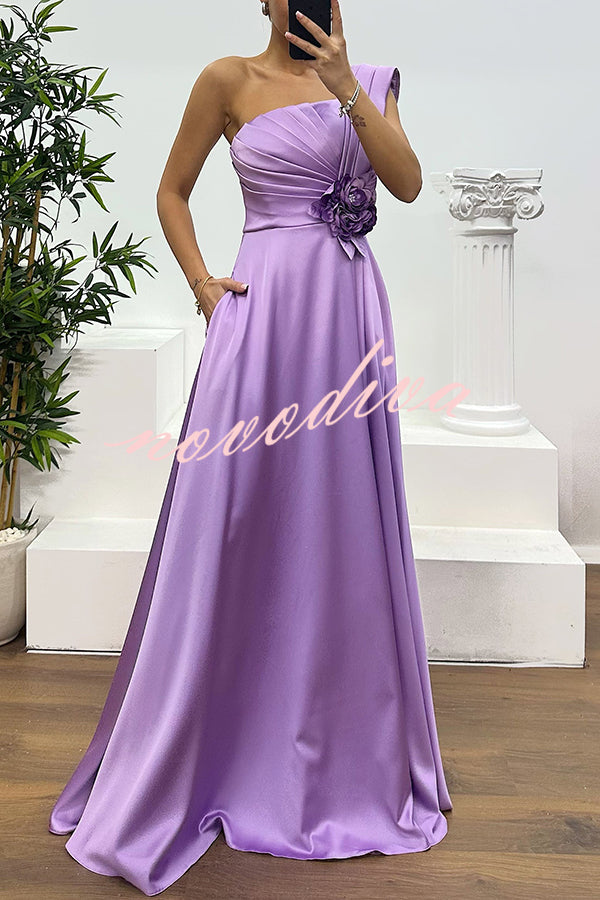 Nasha Satin Pleated One Shoulder Petal Gemstone Detail Pocket Slit Maxi Dress