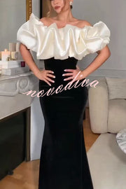 Cecily Velvet Off Shoulder Satin Structured Bardot Neck Stretch Maxi Dress