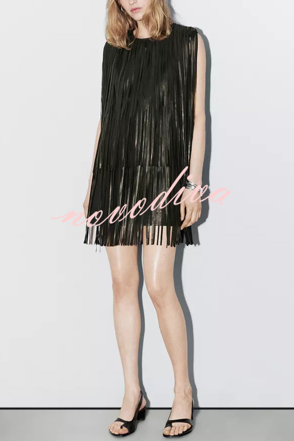 Modern Times Faux Leather Layered Tassel Design Sleeveless H-line Mini Dress