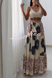 Unique Print Elastic High Waist Tie Pocket Holiday Style Wide Leg Pants