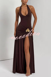 Solid Color Halter Neck Backless Slim Fit Pleated Slit Maxi Dress