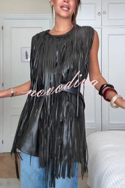 Modern Times Faux Leather Layered Tassel Design Sleeveless H-line Mini Dress