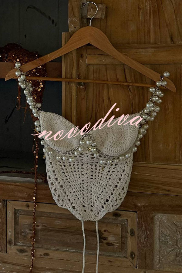 Mirina Hollow Crochet Knit Pearl Trim Heart Collar Crop Vacation Tank