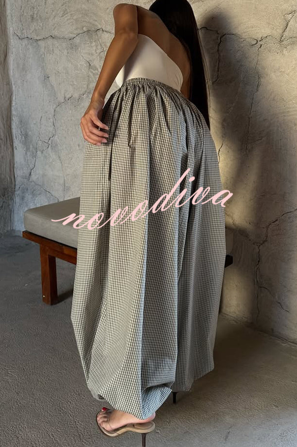 Fashion Plaid Print Elastic Waist Pocket Loose Wide-leg Pants