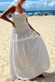 Polka Dot Print Halterneck Tie-stitched Slim Maxi Dress