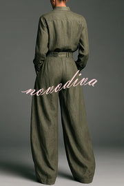 Linen Blend Lapel Long-sleeved Casual Shirt and High-waist Pocket Loose Wide-leg Pants Set
