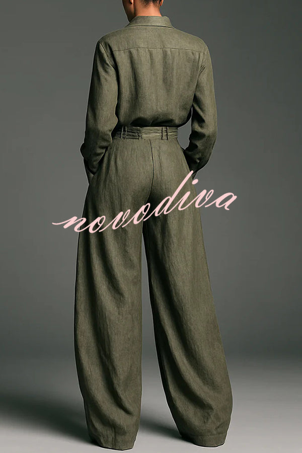 Linen Blend Lapel Long-sleeved Casual Shirt and High-waist Pocket Loose Wide-leg Pants Set