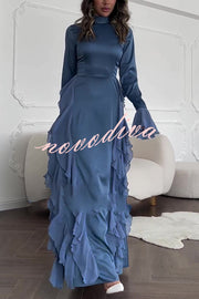 Cline Solid Color High Neck Long Sleeve Elegant Ruffles Maxi Dress