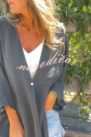 Solid Color V-neck Loose Long-sleeved Button Top