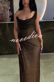 Glitzy Gala Glitter Fabric One Shoulder Ruched Slit Maxi Dress