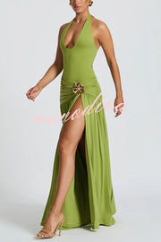 Solid Color Halter Neck Backless Slim Fit Pleated Slit Maxi Dress