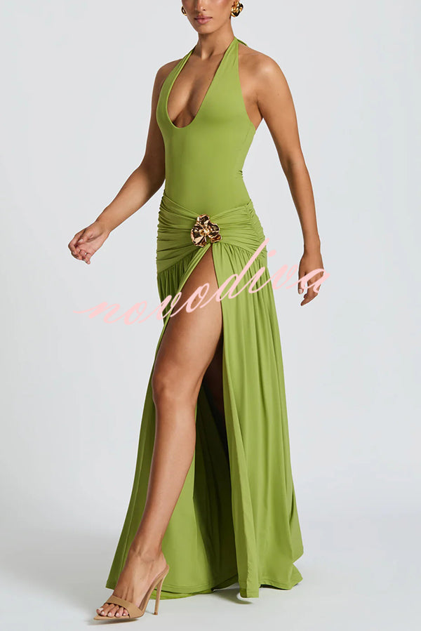 Solid Color Halter Neck Backless Slim Fit Pleated Slit Maxi Dress