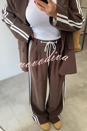 Levvie Striped Trim Long Sleeve Lapel Blazer and Rope Belt Pocketed Wide Leg Pants Set