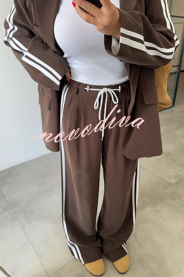 Levvie Striped Trim Long Sleeve Lapel Blazer and Rope Belt Pocketed Wide Leg Pants Set