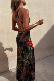 Rainforest Paradise Tropical Print Cutout Back Crossover Stretch Maxi Dress