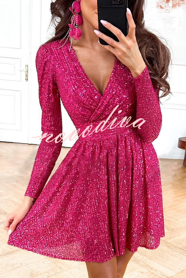 Girls Night Out Sequin Wrap Long Sleeve Mini Dress