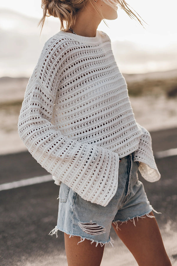 Living Easy Knit Bell Sleeve Hollow Out Relaxed Top