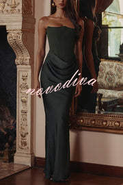 Attend The Gala Strapless Corset Satin Ruched Hip Drape Maxi Dress