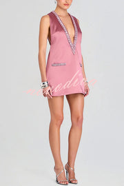 Elegant Demeanor Satin Gemstone Trim Deep V-Neck Tank H-line Mini Dress
