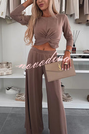 Solid Color Round Neck Long Sleeve Twist Crop Top and Elastic Waist Pocket Wide Leg Pants Set