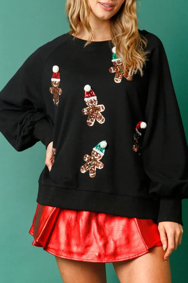 Christmas Gingerbread Man Sequined Long Sleeve Sweatshirt