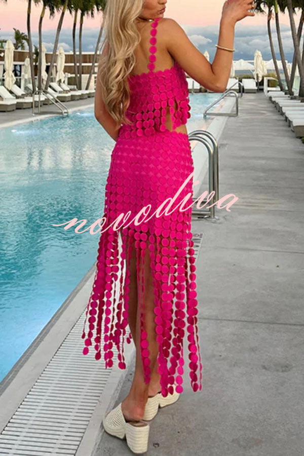 Caitlin See Through Circle Embroidery Square Neck Tassle Hem Slip Tank
