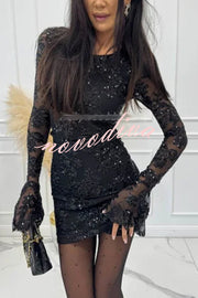 Deep and Dazzling Floral Texture Sequin Long Bell Sleeve Open Back Mini Dress