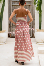 Striped Polka-dot Print Sling Pleated Open-back Maxi Dress