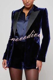 Bold Modern Velvet Contrast Satin Lapel Blazer and High Rise Pocket Shorts Set