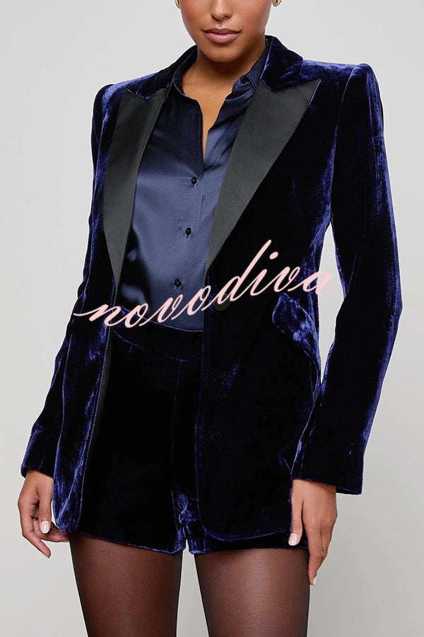 Bold Modern Velvet Contrast Satin Lapel Blazer and High Rise Pocket Shorts Set
