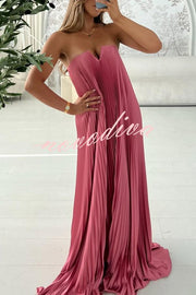 Darling Moment Satin Fabric Off Shoulder V-neck Asymmetric Hem A-line Maxi Dress