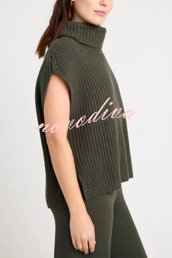 Comfortable and Luxe Knit TurtleNeck Cap Sleeves Lightweight Sweater