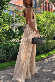 Ethereal Moment Tulle Cutout Ruched Waist Backless Halter Maxi Dress