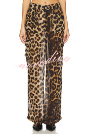 Minka Chiffon Leopard Elastic Waist Pocketed Loose Cargo Pants