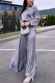 Satin Elegant Long-sleeved Lapel Shirt and High-waisted Draped Maxi Skirt Set