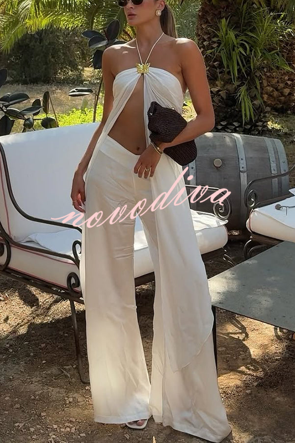 Lily Metal Flower Front Slit Halter Midi Top and V-waist Wide Leg Pants Set