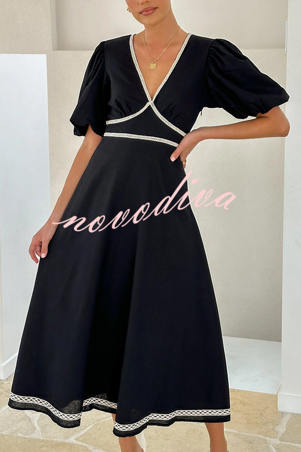 Fashionable Contrasting Color Edge V-neck Puff Sleeve Midi Dress