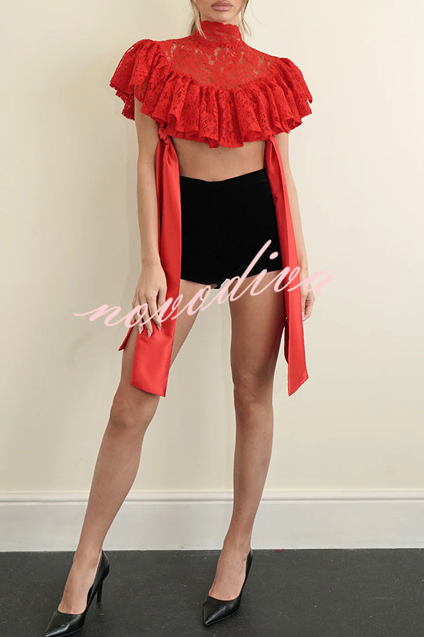 Clarissa Lace High Neck Side Tie-up Cascading Ruffles Cropped Cape Top