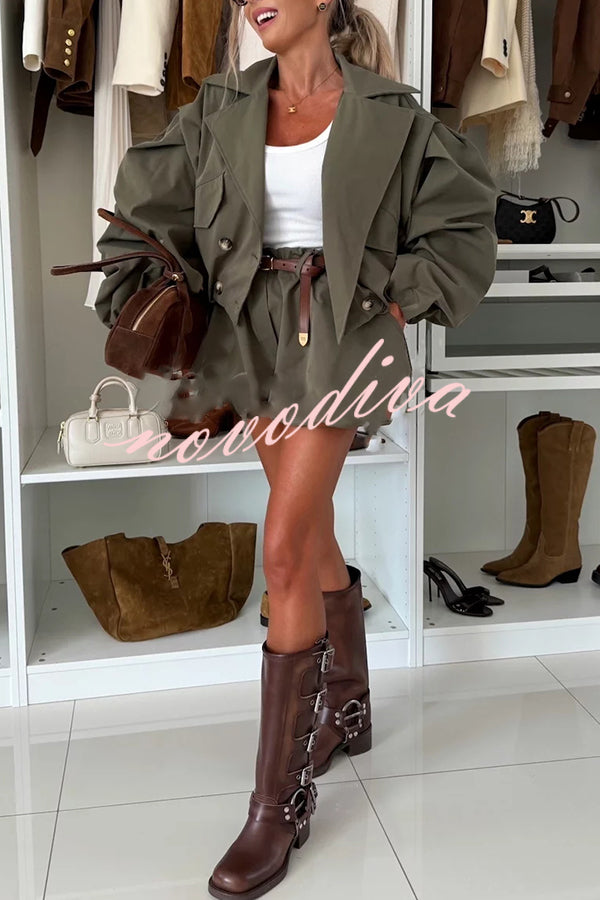 Fashion Style Button Long Balloon Sleeve Pocket Lapel Casual Bomber Jacket