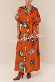 Linen Blend Unique Print Lapel Loose Tie Cardigan Maxi Dress