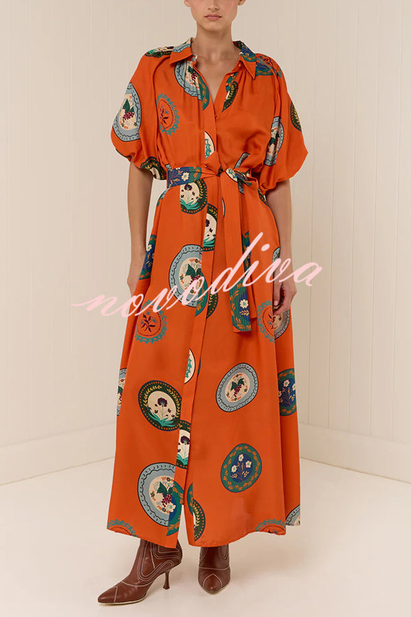 Linen Blend Unique Print Lapel Loose Tie Cardigan Maxi Dress