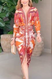 Brazilian Style Unique Print Dolman Long Sleeve Ruched Slit Midi Dress