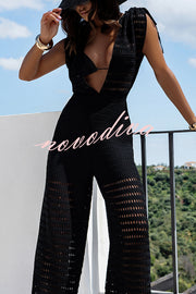 Solid Color Knitted V-neck Holiday Hollow Casual Jumpsuit