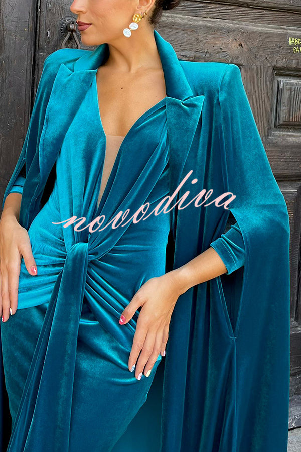 Olivienne Luxurious Velvet Padded Shoulders Slit Sleeve Lapel Midi Cape