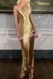 Sexy Allnight Metallic Halterneck Backless Fringed Slit Maxi Dress